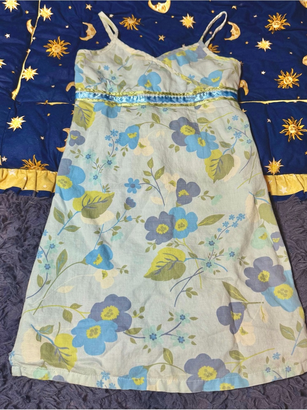 Old Navy Girls Blue Green Floral Ribbon Spring Dress Spaghetti Strap Size 8